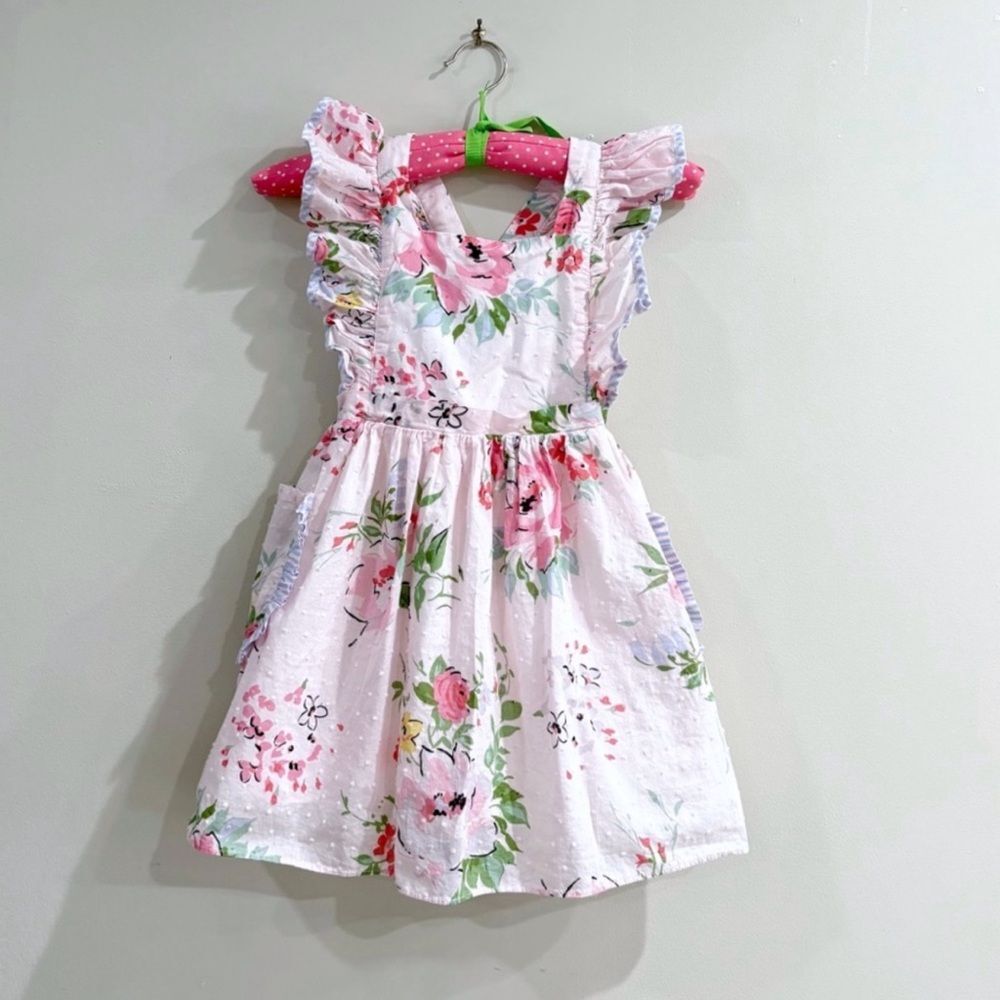 Pippa & Julie Girls Dress Size 4 Pink Floral Swiss Dot Smocked Ruffle Cute
